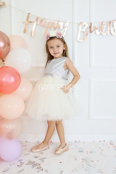 Baby Berry Baby store Baby Girl Child Silver Glitter Floral Tulle Tutu Special Day Princess Dress Ecru (CROWN IS SOLD SEPARATELY)