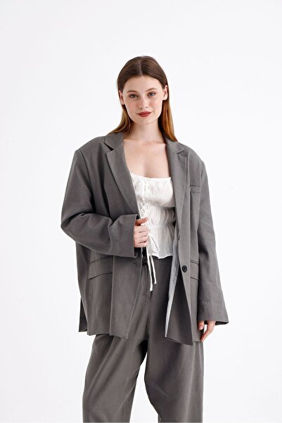 ONE8 Keten Karışımlı Çift Düğmeli Yırtmaçlı Astarlı Oversize Ceket