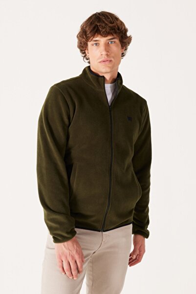 WRANGLER Regular Fit Men's Khaki Zippered Fleece Sweatshirt Jacket