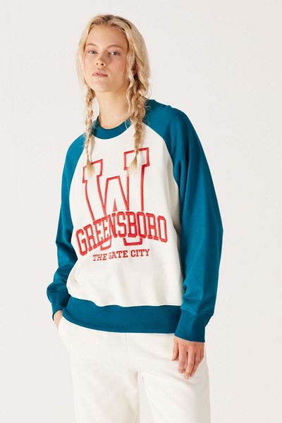WRANGLER Oversize Fit Wide Cut Crew Neck Blue White Sweatshirt with Fleece Inside