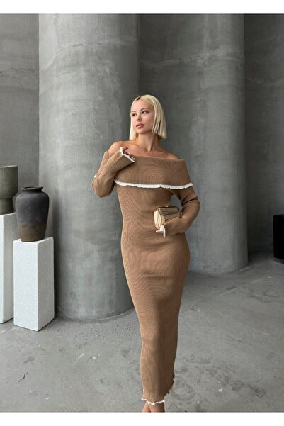 TrendParis Γυναικείο Πλεκτό Φόρεμα Midi - Γιακάς Madonna