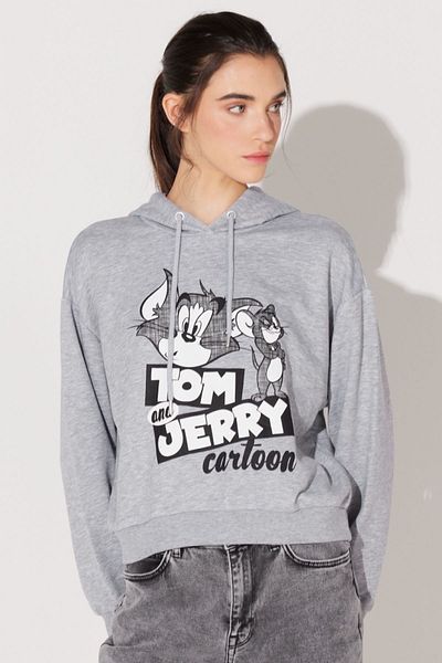 Lee Regular Fit Regular Cut Hooded Gray Melange Tom and Jerry Printed Sweatshirt