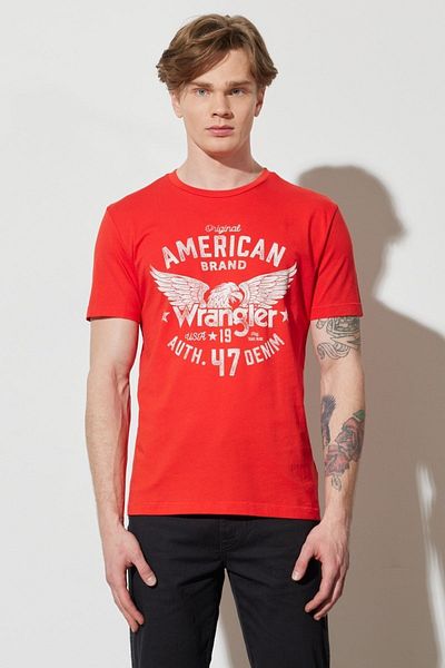 WRANGLER Regular Fit Normal Cut 100% Cotton Crew Neck Red T-Shirt