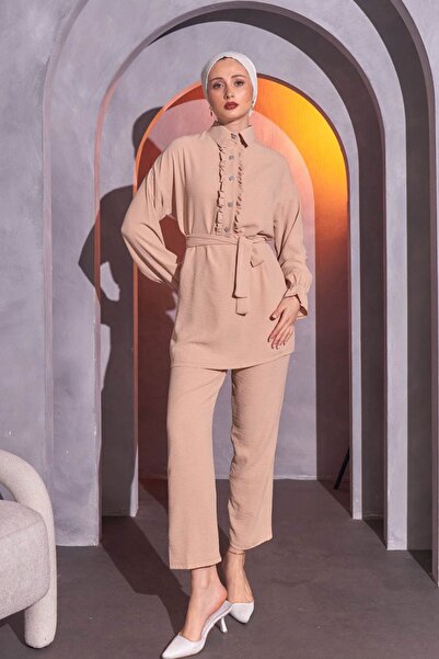 Bold Grup Γυναικείο μανίκι Hijab με βολάν πέτρινο κουμπί και ζώνη - Σετ κάτω μπλούζα