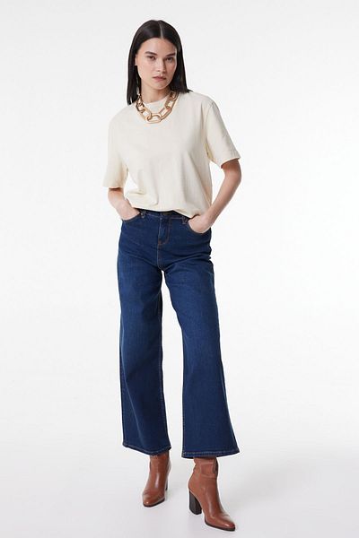 Lee Denim elastic cu talie înaltă - albastru închis, picior lat, blugi de damă cu ajustare normală
