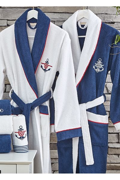 Dantela Set halate de baie din bumbac marin 6 piese - albastru/alb