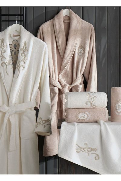 Dantela Serra Bamboo Family Bathrobe Set 6 Pieces - Cream/Brown