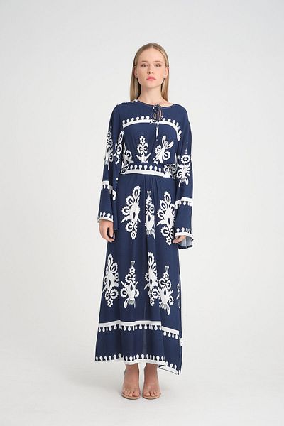 ZEYFA Patterned Blue Bohemian Style Comfortable Long Women's Dress