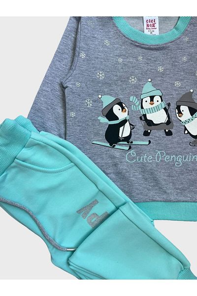 ALİŞ KİDS Penguin Patterned Gray Girl's Cotton Tracksuit Set