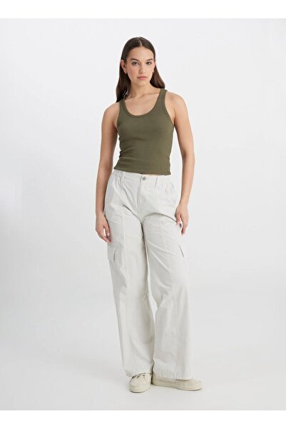 Lee Loose Fit Rahat Kesim Yüksek Bel Geniş Paça %100 Pamuk Ekru Kargo Pantolon
