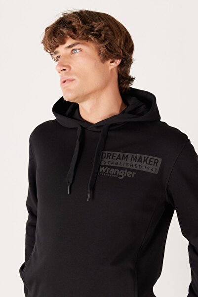 WRANGLER Regular Fit Normal Kesim Siyah Erkek Içi Polarlı Kapüşonlu Sweatshirt