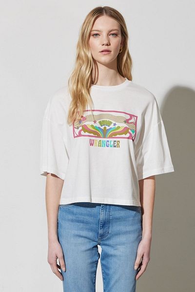 WRANGLER Crew Neck 100% Cotton Crop T-shirt - Off White, Regular Fit