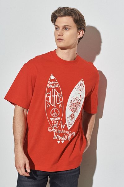 WRANGLER Comfortable Fit - 100% Cotton Red Crew Neck T-shirt