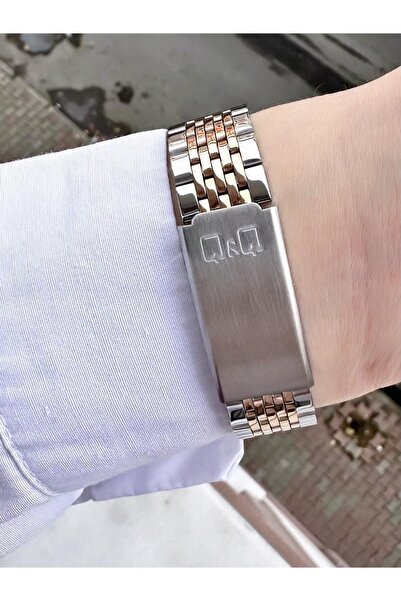 Q&Q Kadın Gold Gümüş Çift Renkli Rolex Tasarım Kordon Yuvarlak Taş Kabartma Detaylı Kol Saati