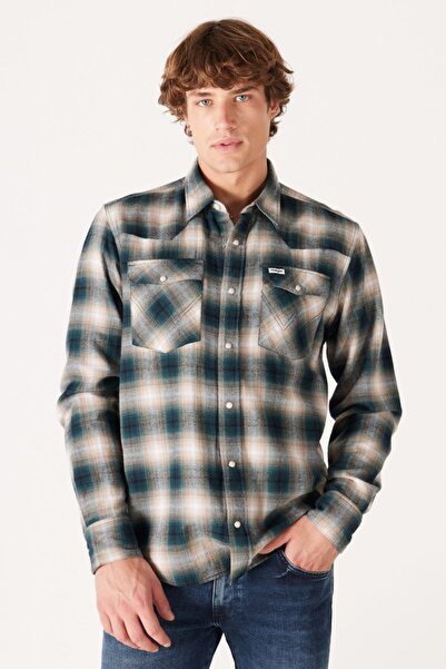 WRANGLER Loose Fit Rahat Kesim %100 Pamuk Bej Yeşil Ekoseli Uzun Kollu Gömlek