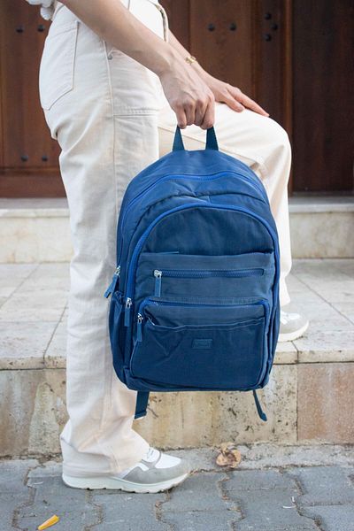 KAFF Young 17304 Blue Crinkle Fabric Water Resistant Multi-Pocket Backpack