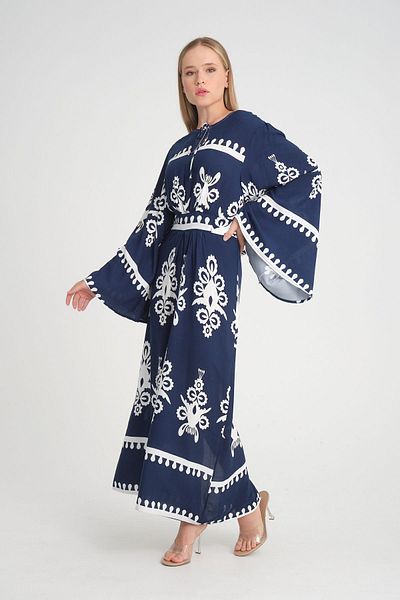 ZEYFA Patterned Blue Bohemian Style Comfortable Long Women's Dress
