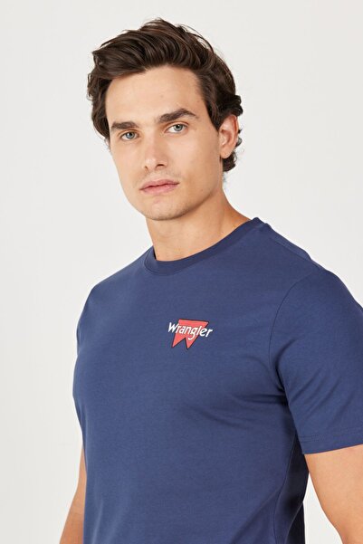 WRANGLER Navy Blue Regular Fit Crew Neck Back Printed 100% Cotton T-Shirt