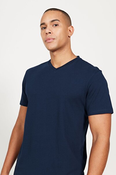 AC&Co / Altınyıldız Classics Men's V-Neck Navy Blue-Navy Slim Fit Basic T-Shirt 100% Cotton