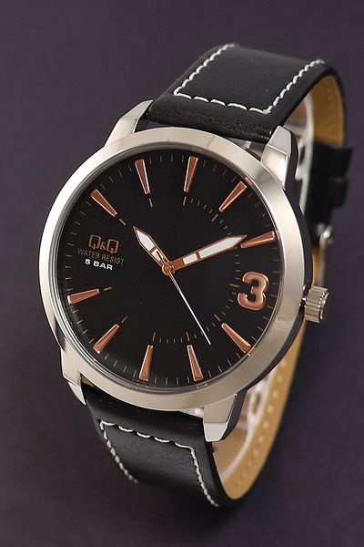 Q&Q Men's BlackVeganLeather - SilverMetaland Bronze StripedAnalogWrist Watch