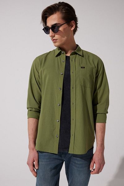 Lee Khaki Colored 100% CottonRegularFit Long Sleeve Shirt