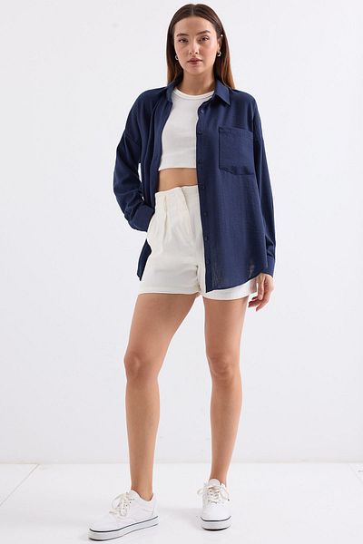 Bigdart Λινό πουκάμισο 20153 μοντέλο μονής τσέπης Navy Blue Oversize