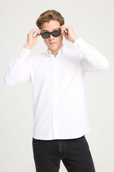 WRANGLER White Oxford Shirt - 100% Cotton, Long Sleeve, Regular Fit