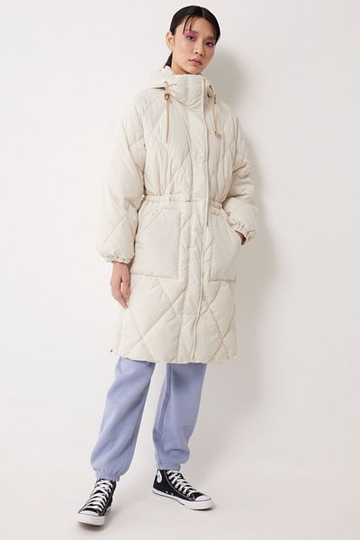 Lee Regular Fit Regular Cut Hooded Women's Ecru Long Puffer Jacket with Pocket Detail