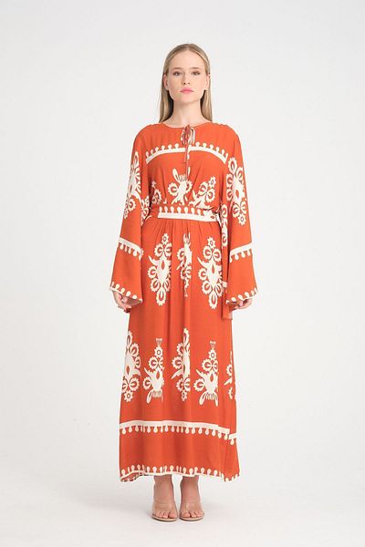 ZEYFA Women's Patterned Blue Long Viscose Dress Bohemian Style Casual Stylish and Comfortable Design