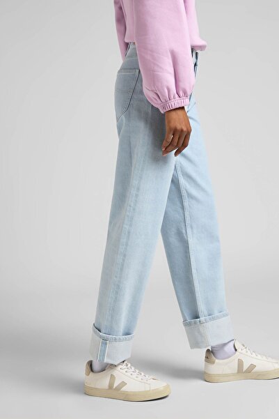 Lee Blugi elastici cu talie înaltă - Blugi Jane Cuffed pentru femei, cu croială dreaptă, picior drept, albastru gheață