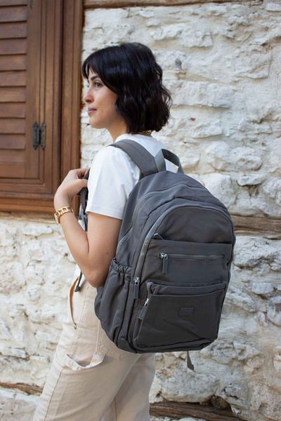KAFF Young 17304 Gray Crinkle Fabric Water Resistant Multi-Pocket Backpack