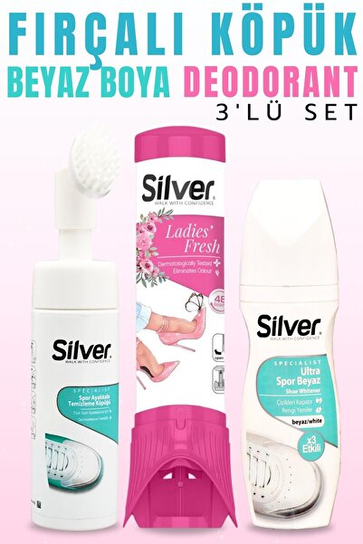 Silver Kadın Ayakkabı Deodorantı Ultra Beyaz Ayakkabı Boyası Fırçalı Temizleme Köpüğü 3'lü Set