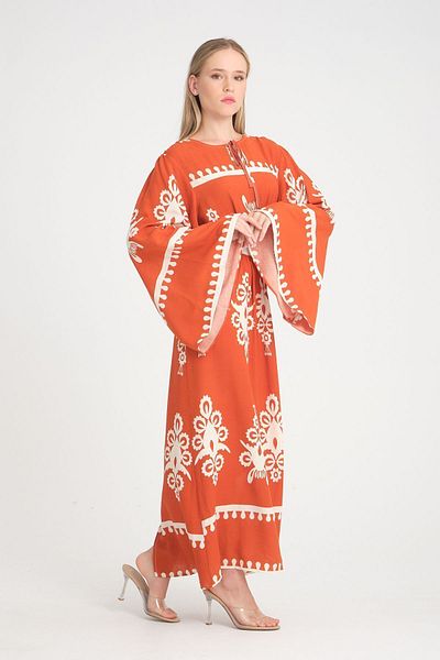 ZEYFA Women's Patterned Blue Long Viscose Dress Bohemian Style Casual Stylish and Comfortable Design