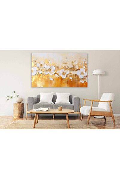 vientex Soyut Yağlı Boya Görünümlü Beyaz Çiçekler Tablosu - FLR135