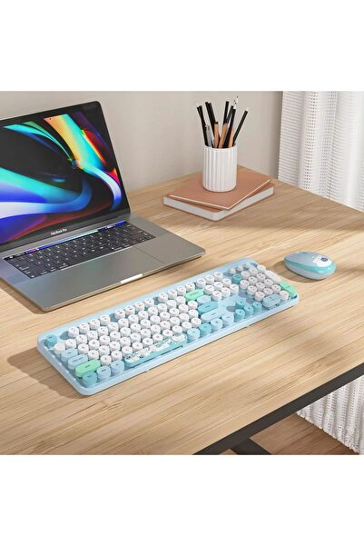 RabbitTech Renkli Daktilo Tarzı Hello Bear Vintage Mekanik Klavye Mouse PC Laptop Uyumlu Kablosuz