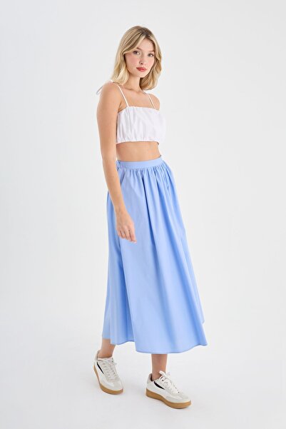 ONE8 %100 Pamuk Fermuarlı Astarlı Yan Cepli Kloş Etek - Beyaz Çizgili