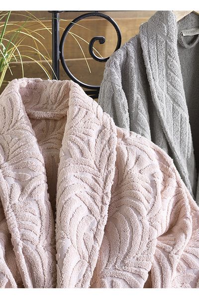 Dantela Melanie 6 Piece Jacquard Cotton Bathrobe Set - Pink/Grey