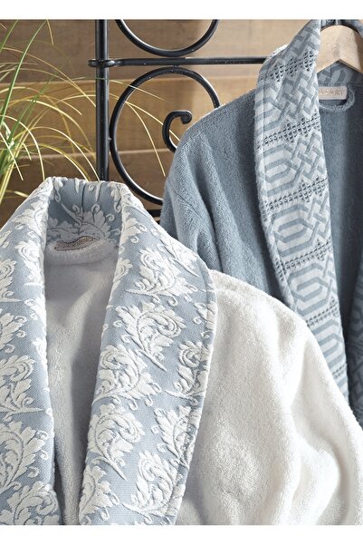 Dantela Diana 6 Piece Jacquard Cotton Bathrobe Set - Cream/Blue