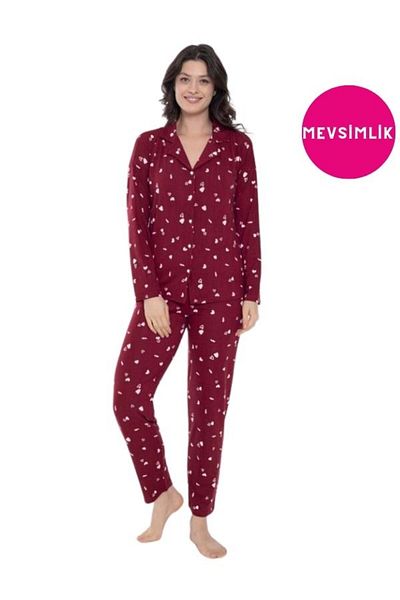 bie's Claret Red WhiteOversizePajama Set - Low Sleeve, Shirt Collar, Buttoned Front