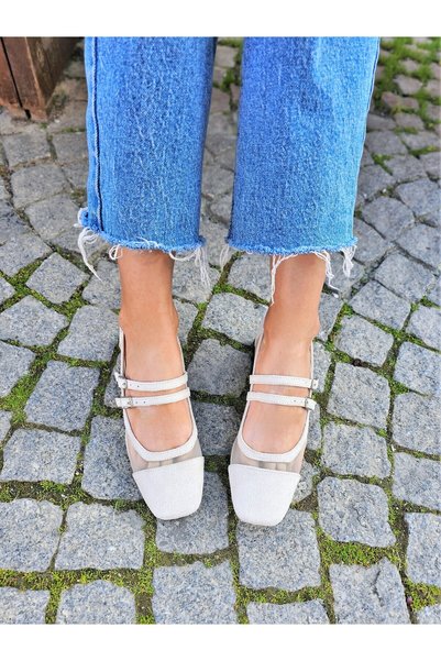 EPTC -Cream Suede Mesh-Tulle Mary Jane Square Blunt Toe Heeled Shoes TARAKLIAYKLR 1NO GREAT