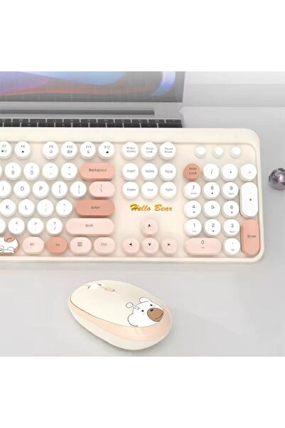 RabbitTech Renkli Daktilo Tarzı Hello Bear Vintage Mekanik Klavye Mouse PC Laptop Uyumlu Kablosuz