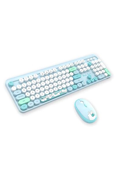 RabbitTech Renkli Daktilo Tarzı Hello Bear Vintage Mekanik Klavye Mouse PC Laptop Uyumlu Kablosuz