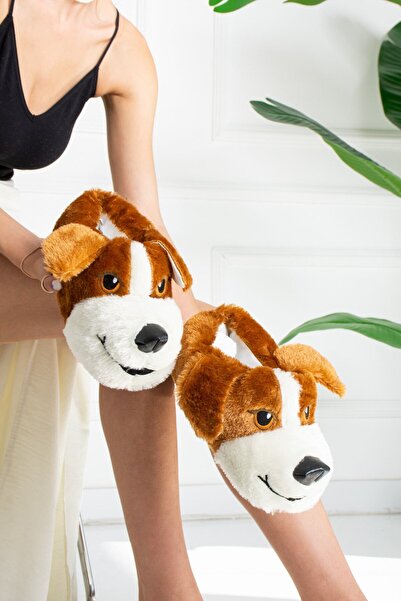 star shoes Unisex Köpek Figürlü Taba Peluş Panduf Ev Botu