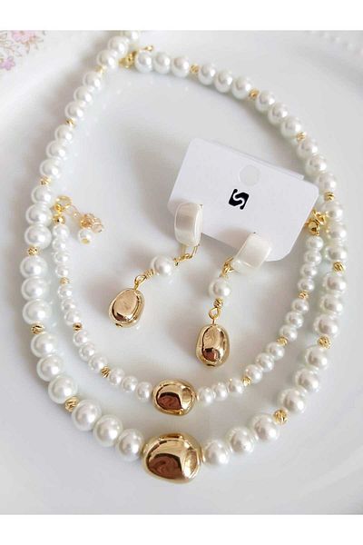 DEVİ fashion Necklace Earrings Bracelet Pearl Suit Triple Set