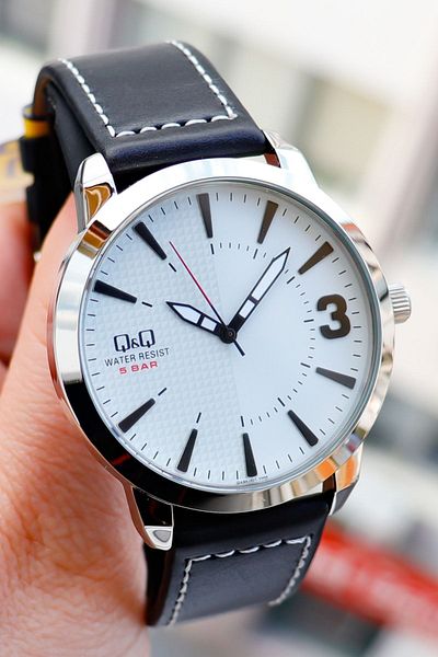 Q&Q Men's Black Vegan Leather - Silver Metal Striped Wrist Watch
