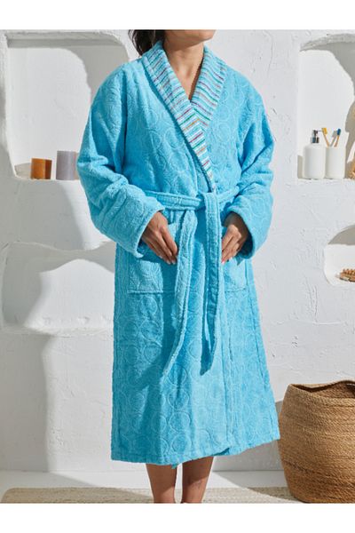 Homelover Halat de baie Shalyaka pentru femei, 100% bumbac, albastru cu design special