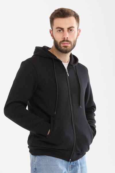 TUNAHAN ERKEK GİYİM Slimfit Cut Hooded Seasonal Fleece, cu fermoar, negru