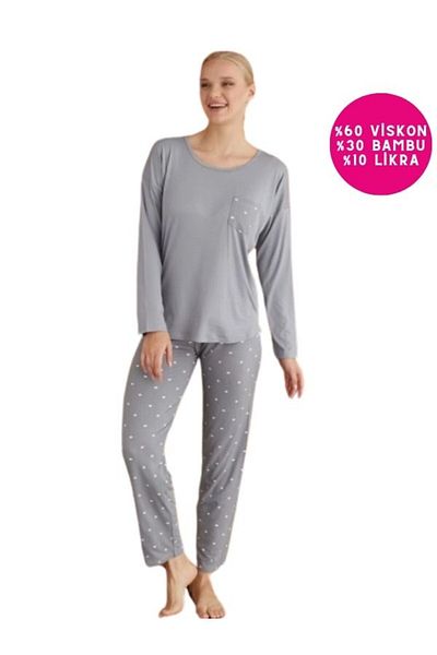 bie's Gray Viscose Bamboo Long Sleeve Pajamas Set - Polka Dot, Crew Neck, No Button and Chest Pocket