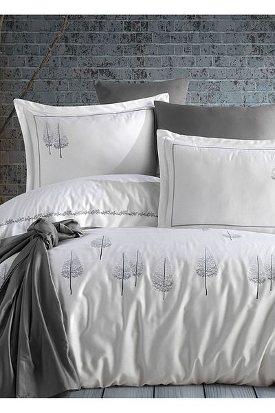 Dantela Vita Embroidered Cotton Satin Double Duvet Cover Set Pamira White Anthracite