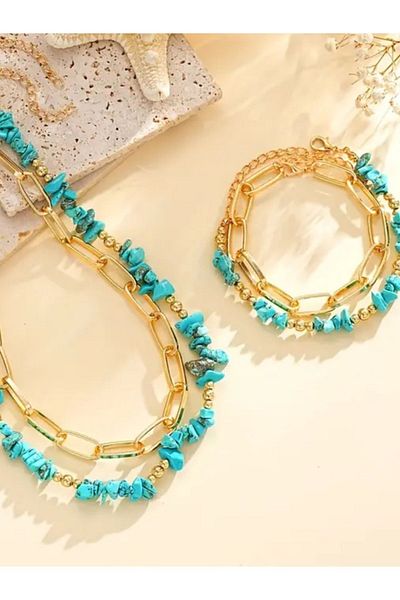 By Song Aksesuar Natural Turquoise Stone Steel Necklace and Bracelet Set